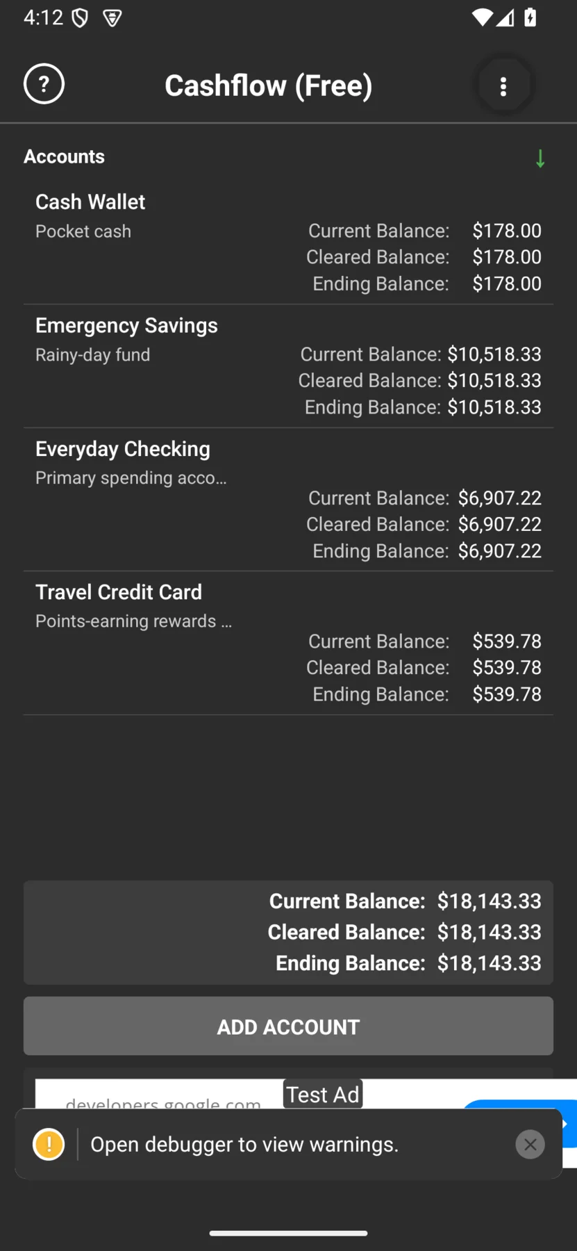 The Cashflow accounts list showing multiple accounts with their running balances
