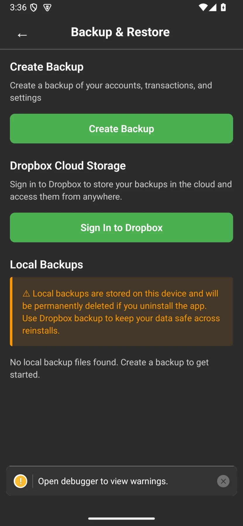 The Cashflow backup and restore screen with options to export to local storage or cloud