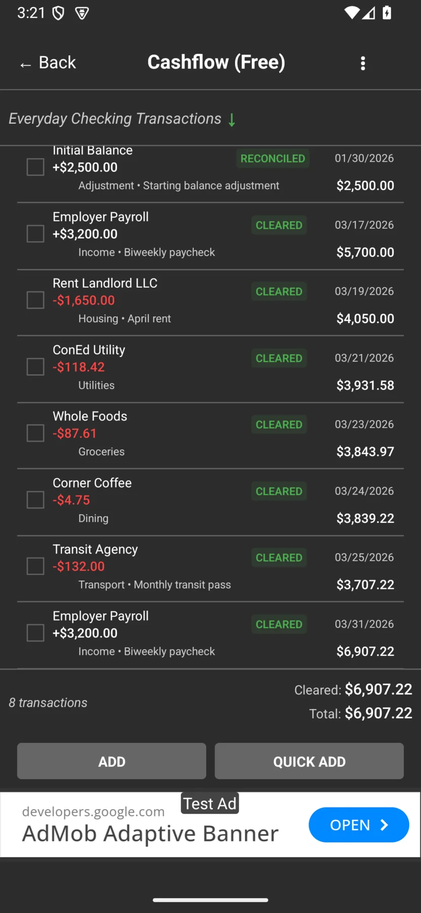 The Cashflow register screen showing a list of transactions with current, cleared, and ending balances