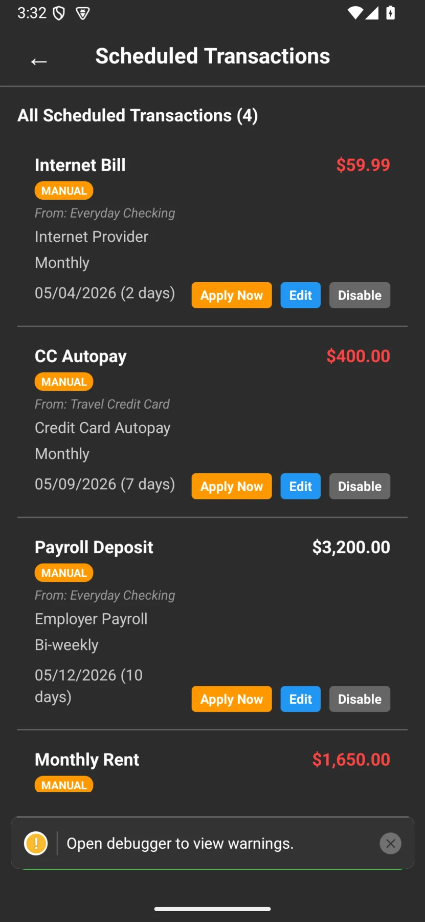 The Cashflow scheduled transactions screen listing recurring bills and income entries